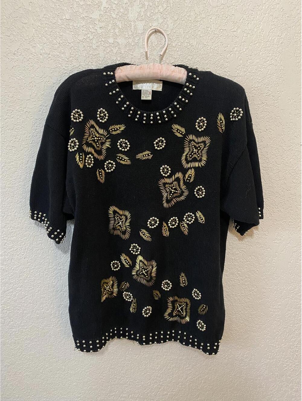 Vintage Western Connection Beaded Knit Sweater Black Gold Large Cotton/Ramie